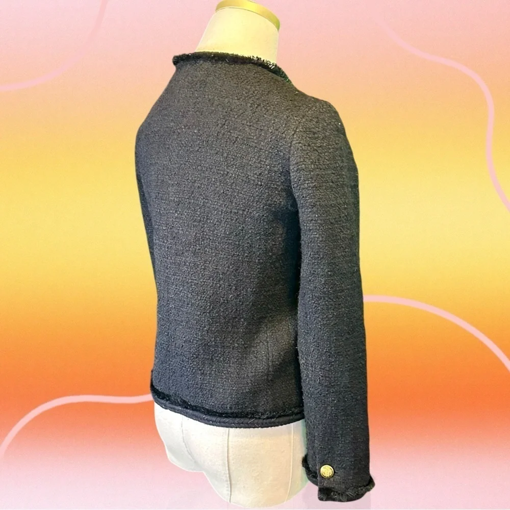J. Crew Black Wool-Blend Tweed Gold Button-Front Patch Pocket Lady Jacket Size 0